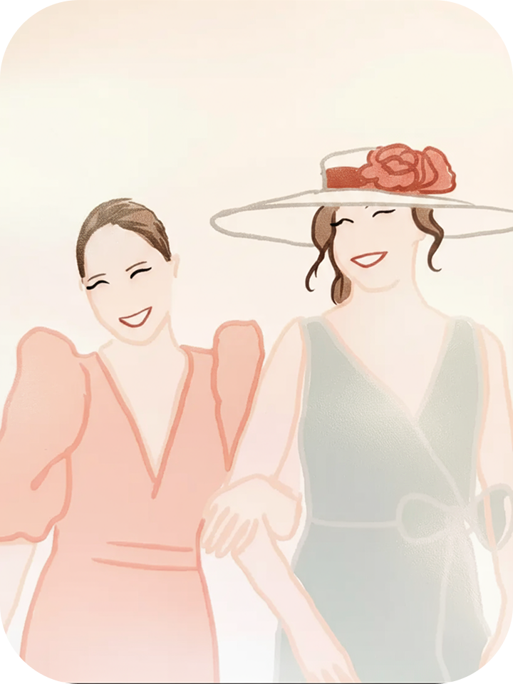 Primer plano de una ilustración de dos mujeres sonriendo.