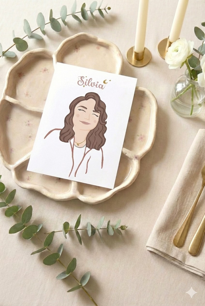 Ilustración marcasitions de invitados en mesa de boda, con el nombre de Silvia y el dibujo de una mujer morena sonriente. 